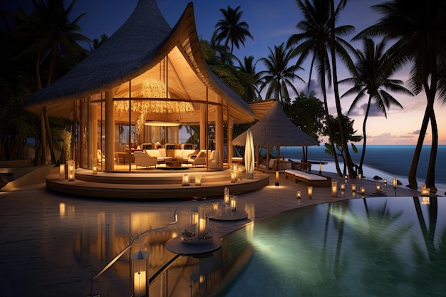 3D render of a luxury villa on the beach at night Luxury beach resort AI Generated