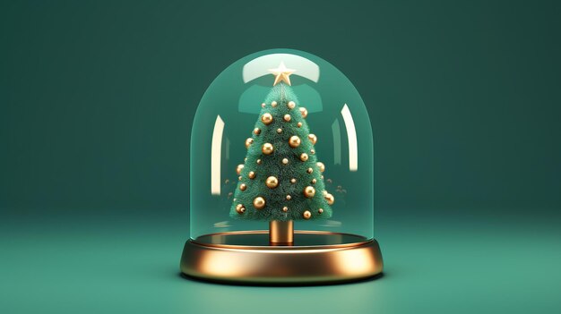 3D-рендеринг волшебной рождественской сцены с реалистичной рождественской елкой внутри стеклянного купола на красочном фоне. Это праздничное изображение идеально подходит для праздничных поздравлений в социальных сетях и дизайнерских проектов.