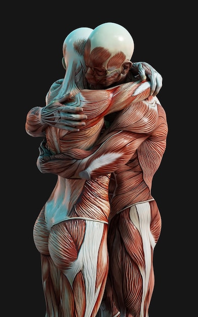 3D render of male and female figures pose with skin and muscle map on dark background