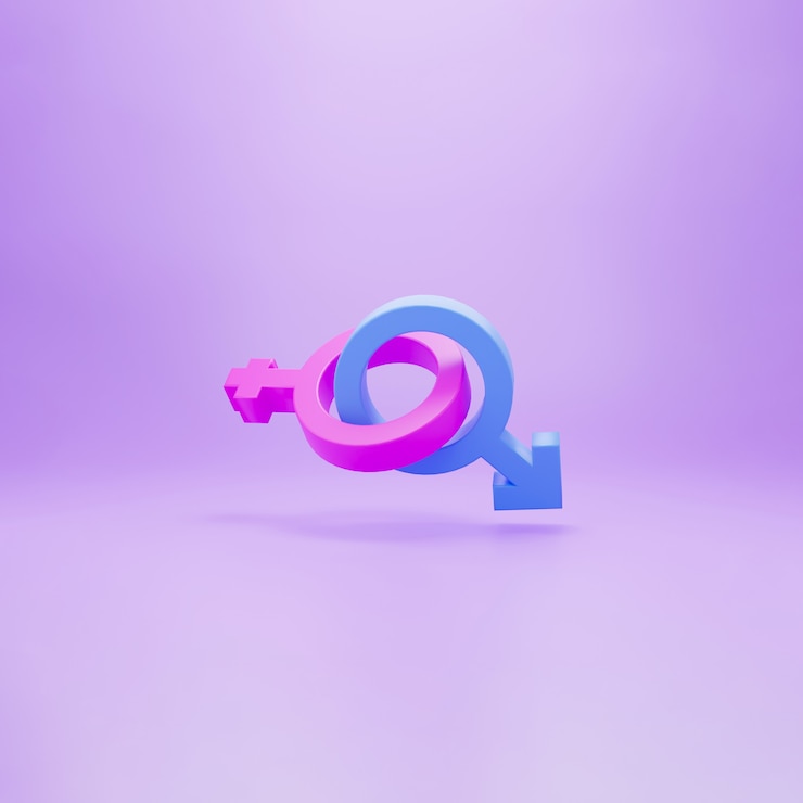 Photo 3d render of male and female gender symbols isolated on pink background.