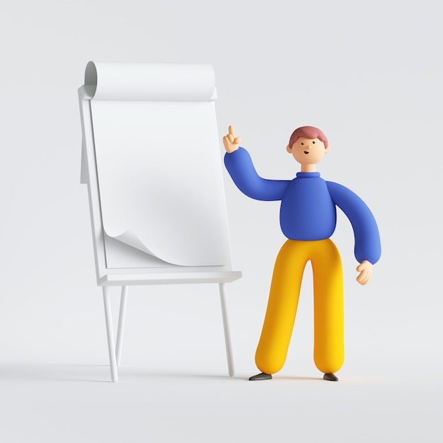 3d render of man cartoon character standing near the presentation board