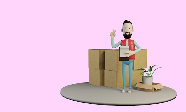 3d render Man character checks delivery of cargo in boxes Cartoon style Loaders and cargo