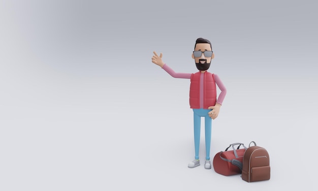 Photo 3d render a man in glasses and a red vest shows a thumbs up and looks for a taxi