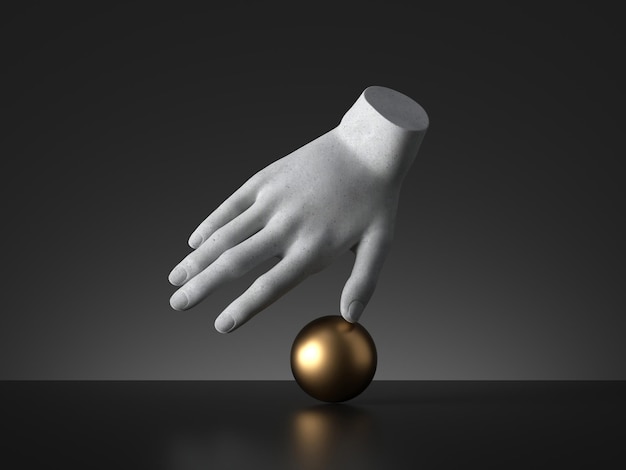 3D render mannequin hand balanceren op gouden bal