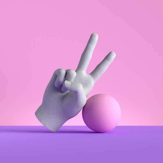 3d render of mannequin hand and ball with victory gesture
