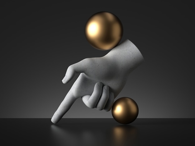 3d render of mannequin hand and golden balls, finger pointing down.