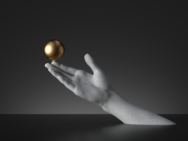 3d render mannequin hand holding golden ball open palm gesture