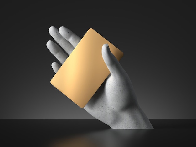 3D render mannequin hand met lege gouden kaart of ticket