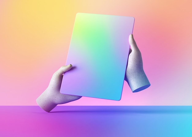 Photo 3d render mannequin hands holding gadget, electronic device isolated on colorful pastel background.