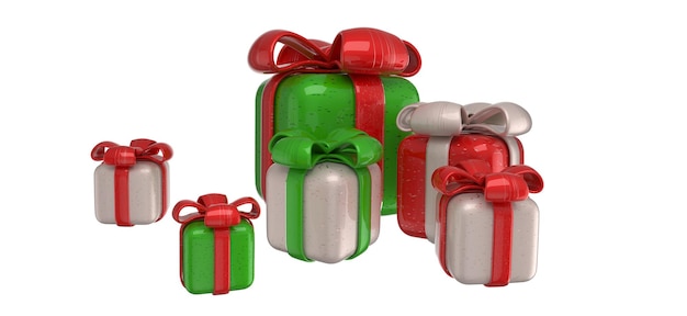 Photo 3d render of many christmas gifts with white background. christmas c