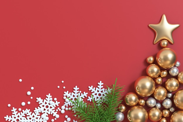 3d render много золотой рождественский шар звезда красный пол рождество, праздник рождество новый год зима левая сторона свободное место