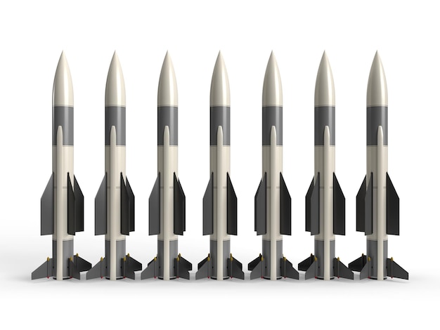 3Dレンダリングは、ウクライナの白い背景の戦争で多くのミサイルを垂直に並べてレンダリングします