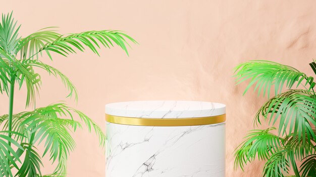 3d render of marble podium and leaves for product display