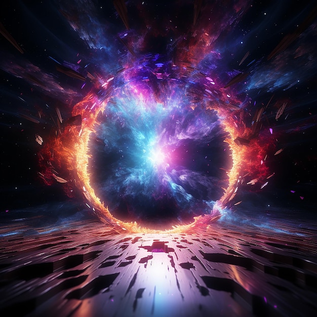 Photo 3d render massive cosmic portal with holographic colors