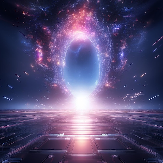 Photo 3d render massive cosmic portal with holographic colors