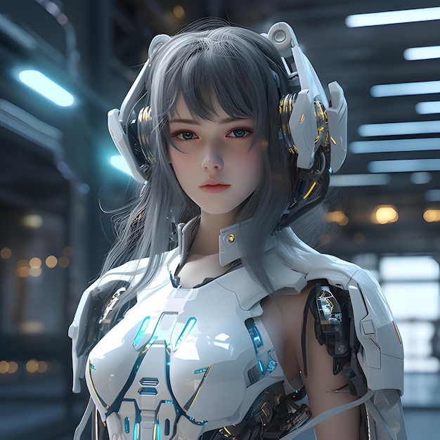 Photo 3d render of mecha robot anime girl