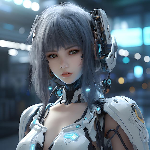 Photo 3d render of mecha robot anime girl