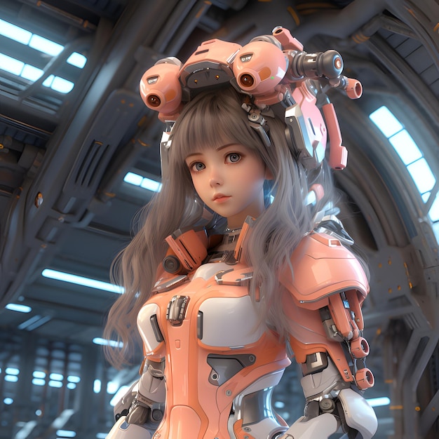 Photo 3d render of mecha robot anime girl