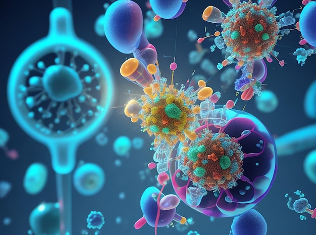 3d render of a medical background with dna strands and virus cells