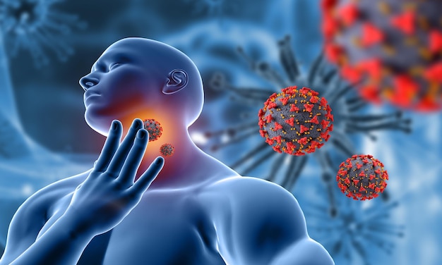 3D render of a medical background with male figure holding throat in pain with covid 19 virus cells