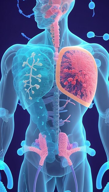 3d render of a medical background with male figure and lungs and covid 19 virus cells