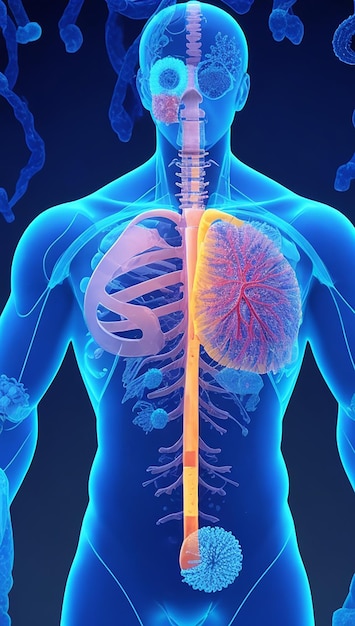 남성 그림과 폐와 코비드 19 바이러스 세포가 있는 의료 배경의 3D 렌더링