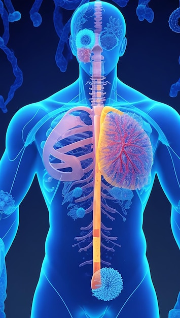 男性の姿と肺およびCovid19ウイルス細胞による医学的背景の3Dレンダリング