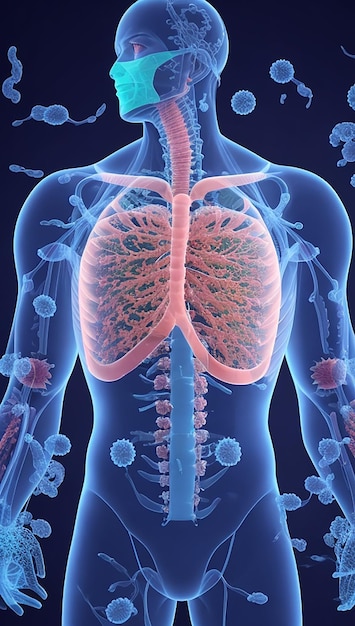 3d render of a medical background with male figure and lungs and covid 19 virus cells