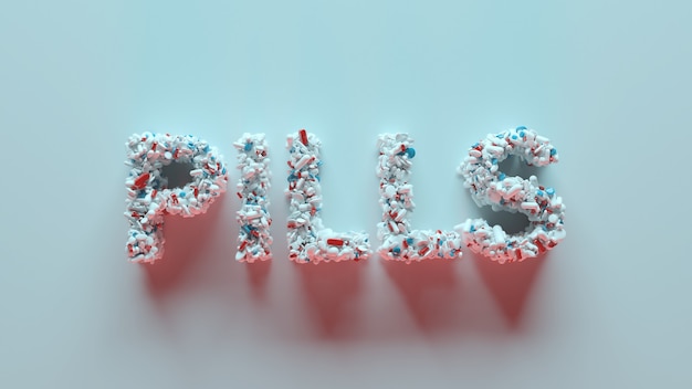 Photo 3d render of medical pills that forms text title. pills word.