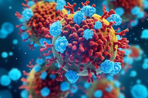 바이러스 세포 박테리아가 있는 의료의 3D 렌더링 여러 개의 현실적인 코로나바이러스 입자가 떠있습니다.