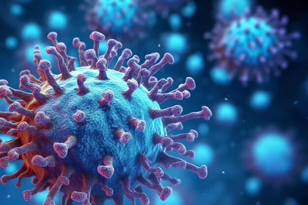 3d render of a medical with virus cells bacteria multiple realistic coronavirus particles floating