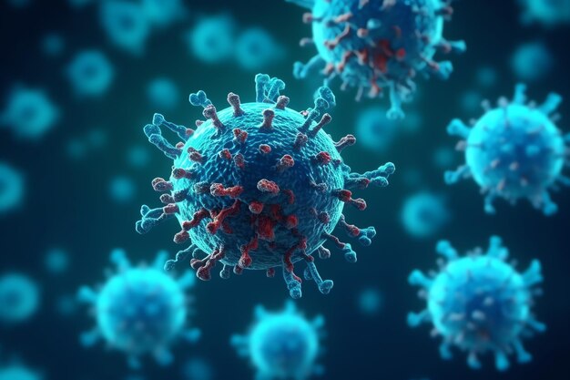 3D render of a medical with virus cells bacteria Multiple realistic coronavirus particles floating