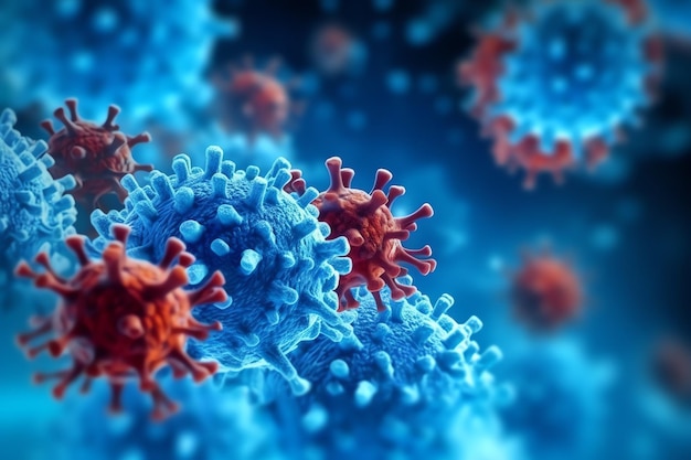 3d render of a medical with virus cells bacteria multiple realistic coronavirus particles floating