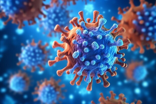 3D render of a medical with virus cells bacteria Multiple realistic coronavirus particles floating