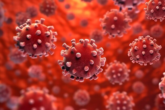 3D render of a medical with virus cells bacteria Multiple realistic coronavirus particles floating