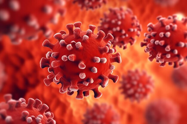 3D render of a medical with virus cells bacteria Multiple realistic coronavirus particles floating