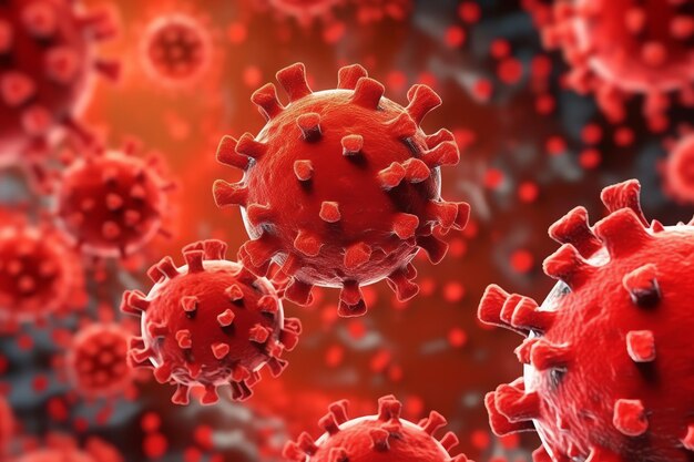 3d render of a medical with virus cells bacteria multiple realistic coronavirus particles floating