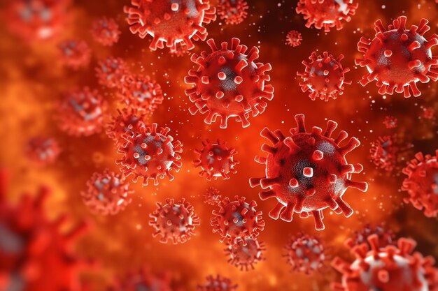 3D render of a medical with virus cells bacteria Multiple realistic coronavirus particles floating