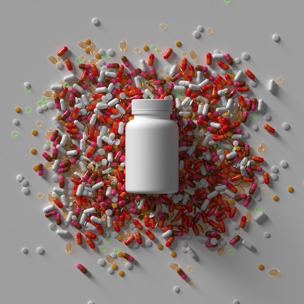 Photo 3d render of medicine pills and bottle with cap abstract medical illustration