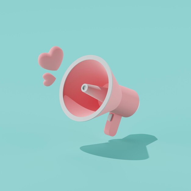 Photo 3d render of megaphone with hearts