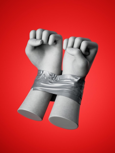 3D render menselijke handen gebonden met tape geïsoleerd op rode achtergrond