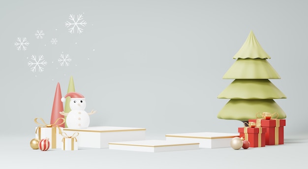 3d Render Merry Christmas Podium platforms scene decorate with christmas tree gifts ball and snowflakes in winter season theme Abstract minimal pedestal product display Festivel Xmas