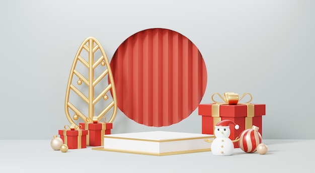 Photo 3d render merry christmas podium platforms scene decorate with christmas tree gifts ball and snowflakes in winter season theme abstract minimal pedestal product display festivel xmas