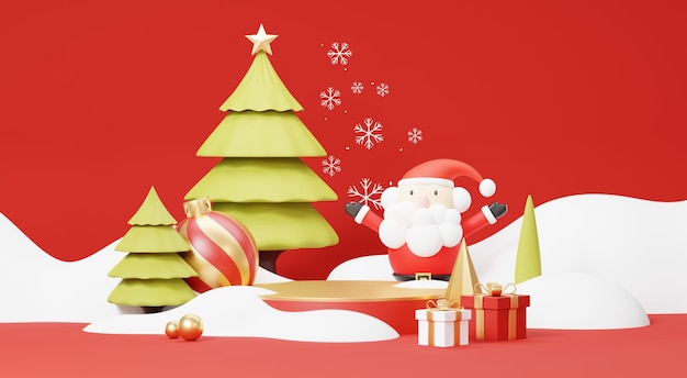 3d Render Merry Christmas Подиумная сцена украшена елочными подарками, шарами и снежинками в теме зимнего сезона Абстрактный минимальный дисплей продукта на пьедестале Festivel Xmas