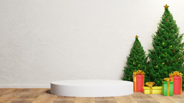 3D render merry christmas podium product stand promotie verkoop met boom en geschenkdoos