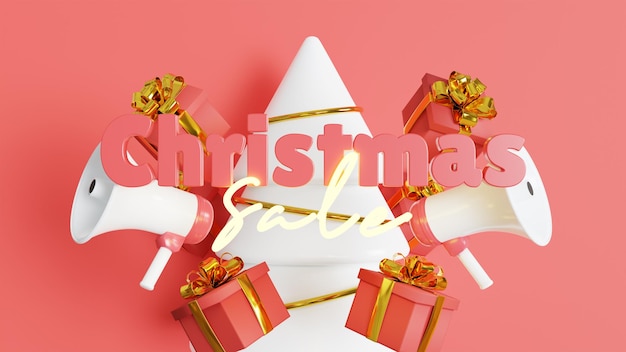 Rendering 3d bandiera di promozione di vendita di buon natale con giftbox, albero e megafono su sfondo rosso