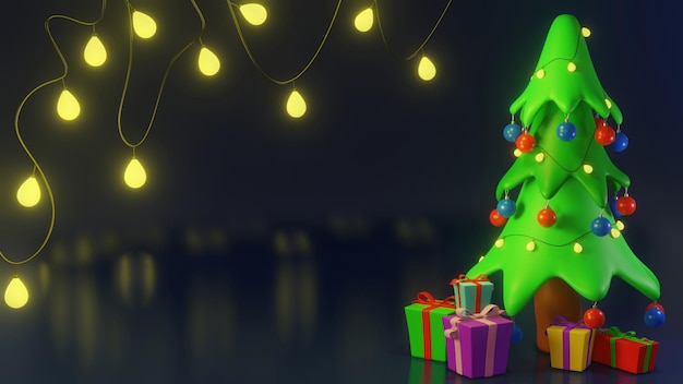 3D render met een kerstboom en geschenken op een donkerblauwe achtergrond voor Nieuwjaar