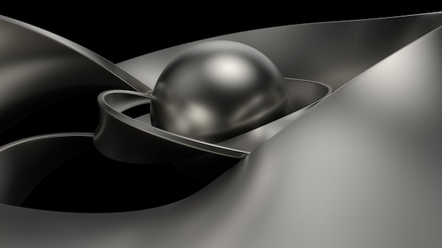 3d render of metal objects - sphere and twisted shapes. Reflective material.  Decorative chrome sculpture.