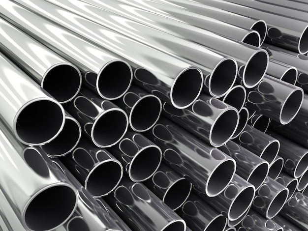 3d render of metal pipes stacked in pile isolated as a background