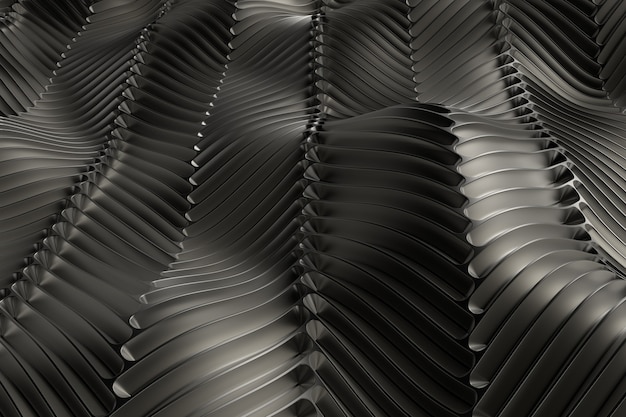 3D визуализация металлический фон с отражениями. Поверхность смещения. Случайные узоры выдавлены из волнистой формы.